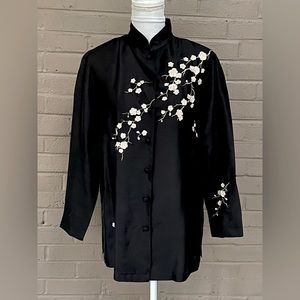 Vintage Asian Black silk cherry blossom tunic S